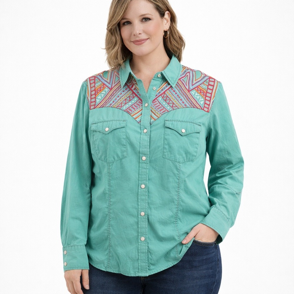 Rock and Roll Cowgirl Aztec Embroidered Western Snap Shirt Large Turquoise Boho